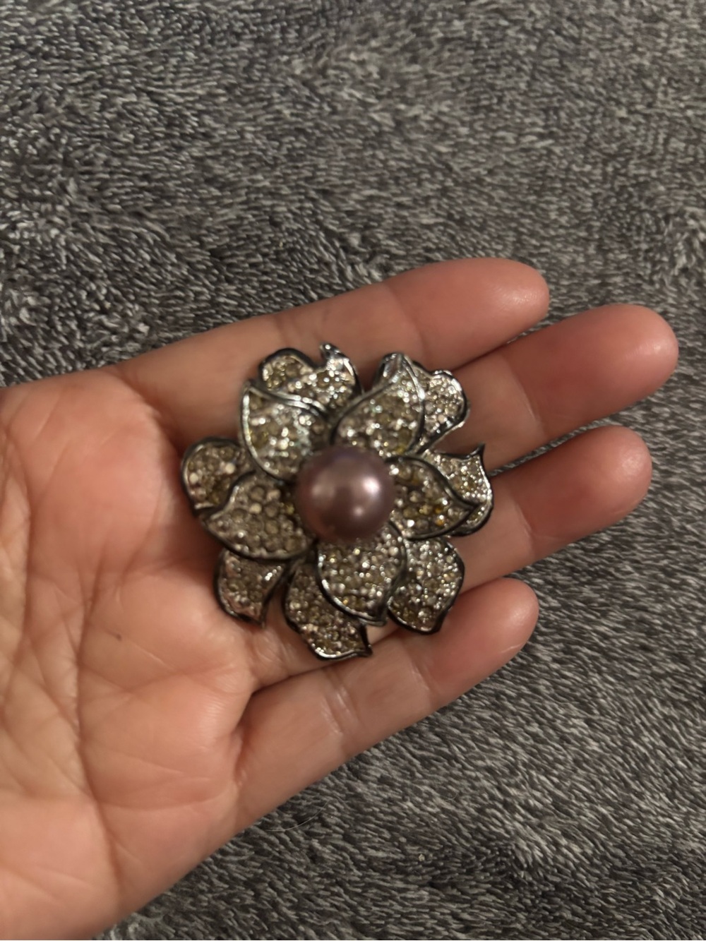 Rhinestone Floral Brooch with Pink Pearl Center